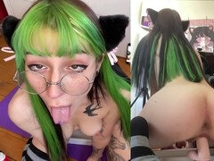 Small butt, inked girl, dildo spit roast
