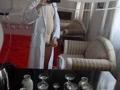 Solo guy makes a massive cum mess on the glass table in a motel room