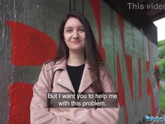 Shy college art student with natural tits gives a public blowjob and gets her shaved pussy creamed