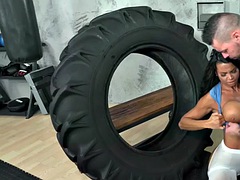 Ebony anal smashed slut banged in gym after titfucking
