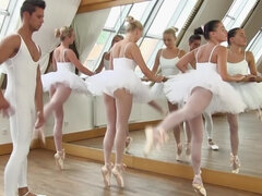 Three ballerinas bang the fit guy with a big cock
