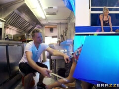 Marsha May works a busy hot dog stand while getting her tight pussy eaten