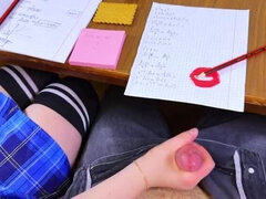 Schoolgirl Jerks Big Cock Under Math Class Table - Public Handjob & Cumshot in 4K