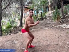 Fit hunk Paul Williams performs nude squats outdoors