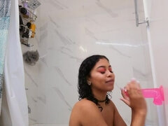 Ebony Fucks Mounted Dildo In The Shower