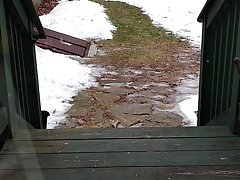 Cum shot on glass door outside wearing pantyhose