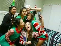 Party in girls' dorm turns into lesbian group fuck before one fucker joins them