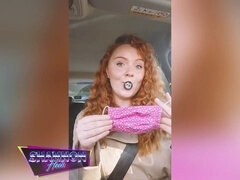 Bathroom, British, Dildo, Fetish, Heels, Public, Redhead, Stockings