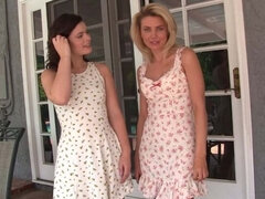 Brunette and Blonde Lesbians Eat Pussy by the Pool in Wild Outdoor Game