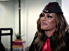 Small tits stewardess babe sucks and rides new boyfriends pussy