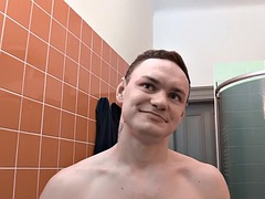 Straight Euro stud 1st time fucks gay ass in bathroom POV