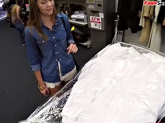 Innocent pawnshop client gets throat fucked