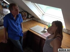 German Teen Brunette Fucks Old Man Boris Schwarz in Kitchen - Blowjob & Cum in Mouth Swallow