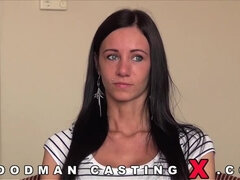 Brunette Skinny Eveline's Anal Casting with Piercing & Big Tits