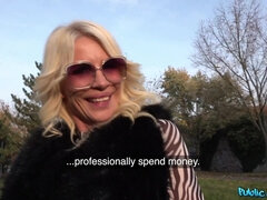Glamorous blonde mature in black stockings screwed in public