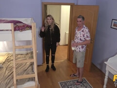 Teen Micha Cross has her mouth and pussy used at a hostel.