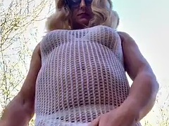 Amateur Crossdresser Kellycd2022 Sexy MILF peeing in her panties masturbating outdoors in sissy stockings and heels