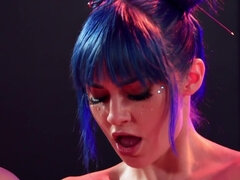 Blue-haired chick with bun pigtails acts in masturbation video