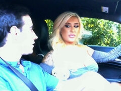 Bimbo blows him in the car and gets fucked in the driveway