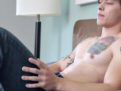 Athletic tattoo newbie wanking on bed for jizzshot