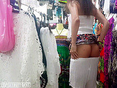 wondrous doll Publicly trying on Lingerie in a Store