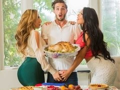 デカ尻, デカパイ, ブロンド, フェラチオ, バック, 女 人男 人, ストッキング, 三人