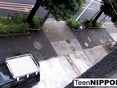 Asian teen with remote vibrator gives bj