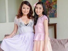 Beautiful chicks Jade Luv and Eva Yi are sharing a huge dick