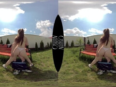 Step Sis Couple on the Bench - 60fps - Uniformed petite brunette outdoors