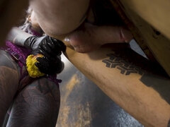 Alt dominatrix pegging tattooed worker