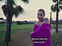 Tattooed shorthair babe gets paid to suck in POV before outdoor sex