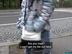 Tiny brunette fucked in public
