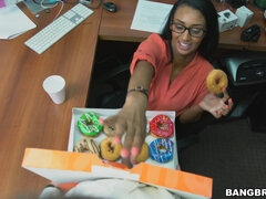 デカチン, 茶髪の, チン, 黒人, 食べ物, 眼鏡, オフィス, ハメ撮り