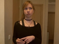 Debtor receives cock deep down her throat and pussy