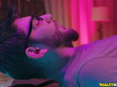 Totally naked pole dancer rides half-naked stud in club