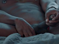 Pierced ebony athlete jerking off before being bred for cum