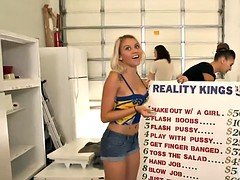 Busty blonde babe with brunette host railed for money