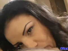 Stockinged teen beauty seductively licks cock