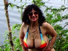 素人, デカパイ, ビキニ, 自家製, 熟年, 淫乱熟女, 妻