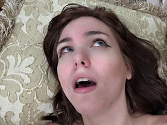 Super sexy amateur Valentina Jade with pretty blue eyes sucks cock and orgasms on cock in POV