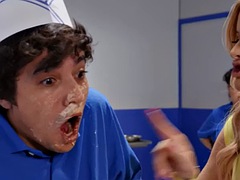 Busty milf rides bf short after fellatio on food couple