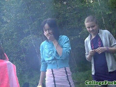 Three college chicks jizzed on tits outdoor