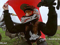 Sporty girl Jeny Smith rides a dirt bike naked in public