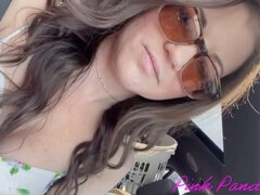 Busty babe with diabetes gives a naughty car handjob - POV. She devours the cum from his hard cock.