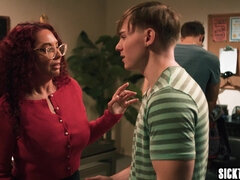 Big breast teacher fucks two students