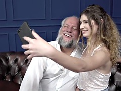 Old pervert bangs small tits teen and gives blowjob on couch after oral sex