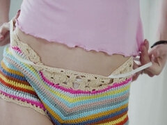 Thin girl colorful shorts ends up getting SPLIT OPEN