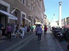 Lily Adams' Art Adventure: A Sun-Soaked City Stroll with a Shaved Brunette