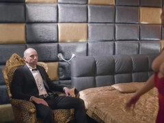 Sarah Vandella and Giselle Palmer pleasuring bald-headed dude in bed