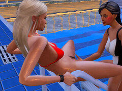 Grosser arsch, Faustfick, Lesbisch, Im freien, Pool, Öffentlich, Spielzeuge